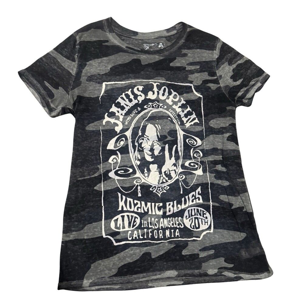 Black & Grey Camo Janis Joplin Kozmic Blues Alt Retro Grunge 60s Rock T-Shirt M